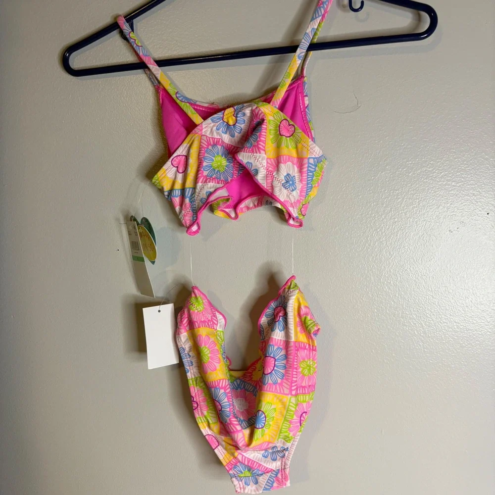 Breaking Waves Girls Size 8 Bikini Set‎ Floral Heart Multi Color UPF 50 New